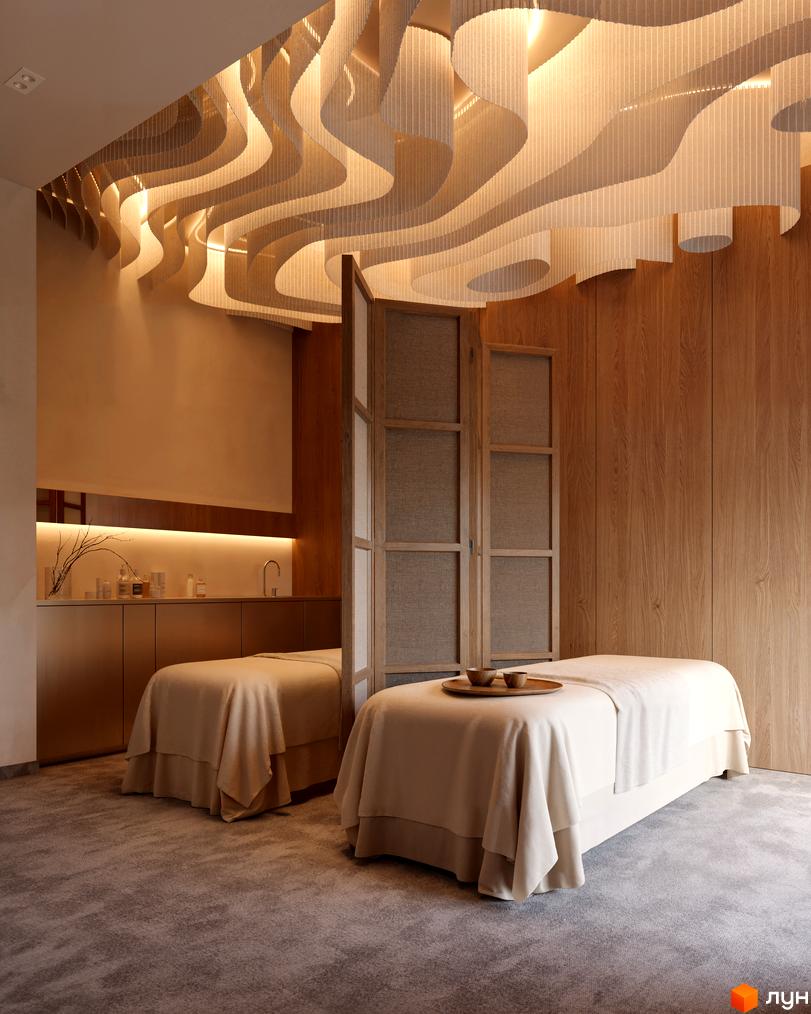 Житловий комплекс Avalon Magnolia: інтер'єр спа-кімнати з двома масажними столами, дерев'яними панелями та хвилястою стелею.
