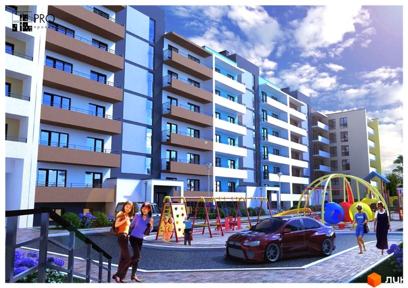 Зовнішній вигляд багатоповерхового житлового комплексу Українка з балконами та вікнами. На прибудинковій території розташовані дитячий майданчик та автомобіль.