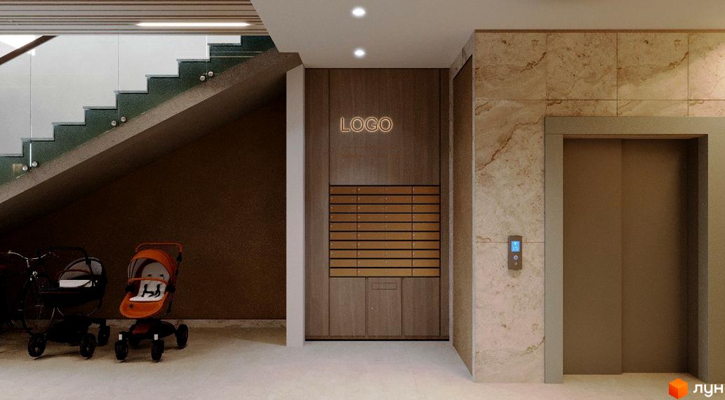 Сучасний дизайн вхідної групи житлового комплексу з ліфтом, поштовими скриньками та дитячими візочками біля сходів.