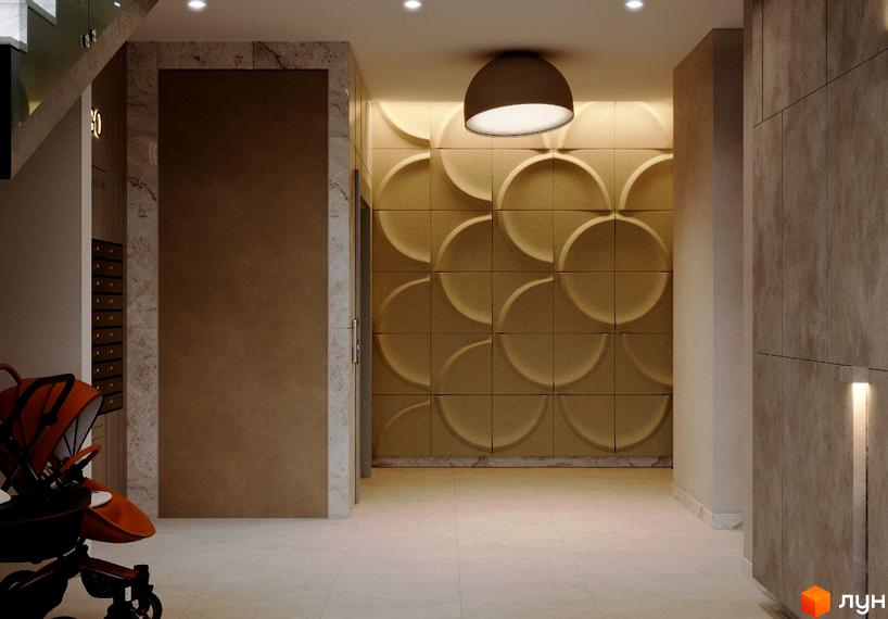 Сучасний хол новобудови на вул. Героїв Крут, 13 з дизайнерським оздобленням стін та комфортним освітленням.