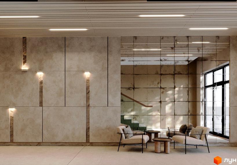 Сучасний дизайн холу з м'якими кріслами та столиками. Інтер'єр новобудови на вул. Героїв Крут, 13.