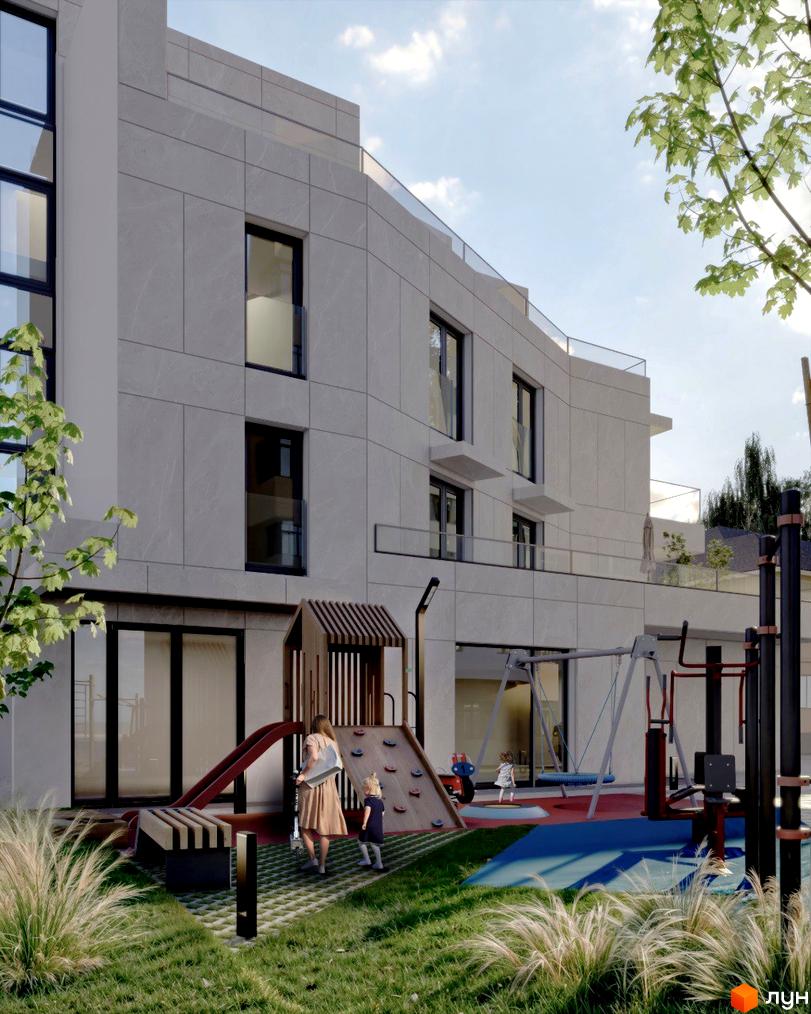 Зовнішній вигляд новобудови на вул. Героїв Крут, 13 з дитячим майданчиком та зеленою зоною. Сучасний житловий комплекс з елегантною фасадною обробкою та великими вікнами.