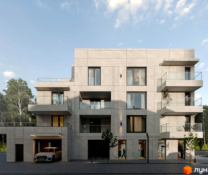 Фасад житлового комплексу на вул. Героїв Крут, 13, з балконами та паркінгом. Навколо будинку зелені насадження та міський пейзаж.