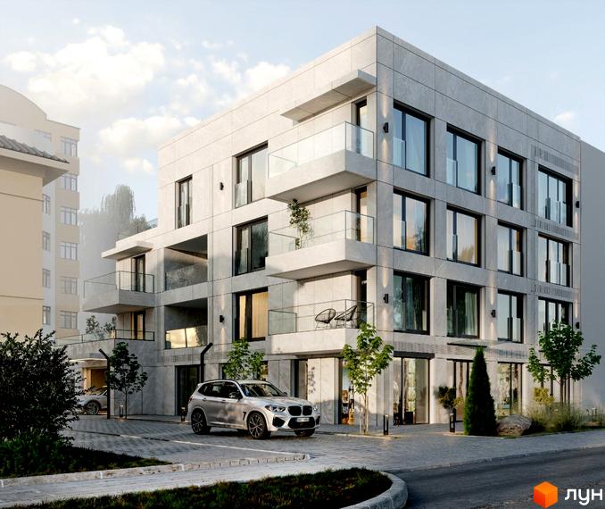 Зовнішній вигляд новобудови на Героїв Крут, 13 з балконами та великими вікнами, прибудинкова територія з автомобілем та зеленими насадженнями.