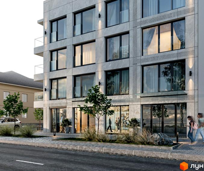 Фасад новобудови на Героїв Крут, 13 з великими вікнами та балконами. Поруч розташована прибудинкова територія з деревами та пішохідною зоною.