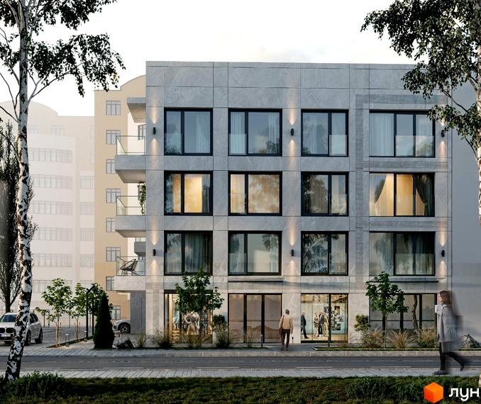 Фасад житлового комплексу Героїв Крут, 13 з великими вікнами та балконами. Поруч розташовані дерева та припарковані автомобілі.