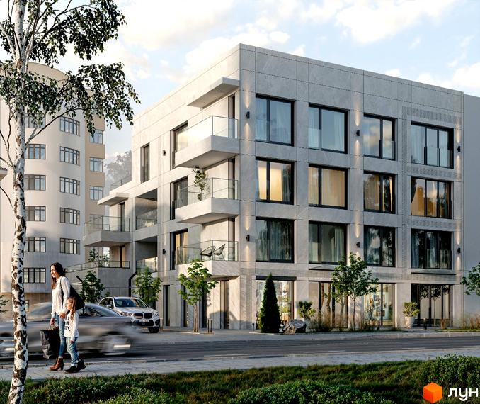 Сучасний житловий комплекс на вулиці Героїв Крут, 13 з великими вікнами та балконами. Навколо будинку зелені насадження та доглянута прибудинкова територія.