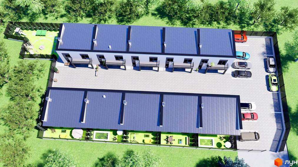 Вид зверху на Житловий комплекс по вулиці Ворошилова. На території розташовані парковка, дитячий майданчик та зони відпочинку.