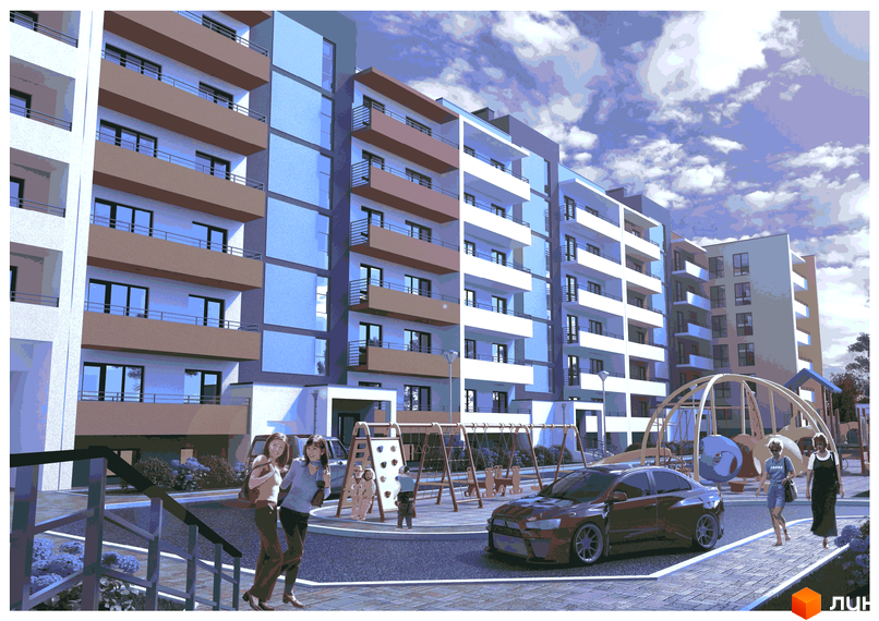 Житловий комплекс Українка: багатоповерхові будинки з балконами та дитячим майданчиком. На зображенні видно фасад будівель та прибудинкову територію з машинами та людьми.