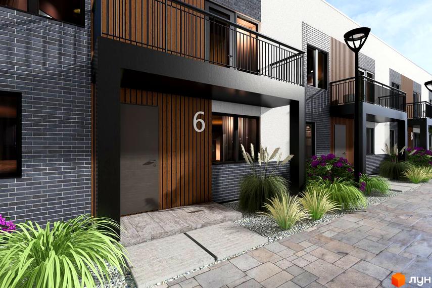 Зовнішній вигляд будинку №6 з сірої цегли та дерев'яними панелями, з балконом та прибудинковою територією з рослинами та бруківкою.