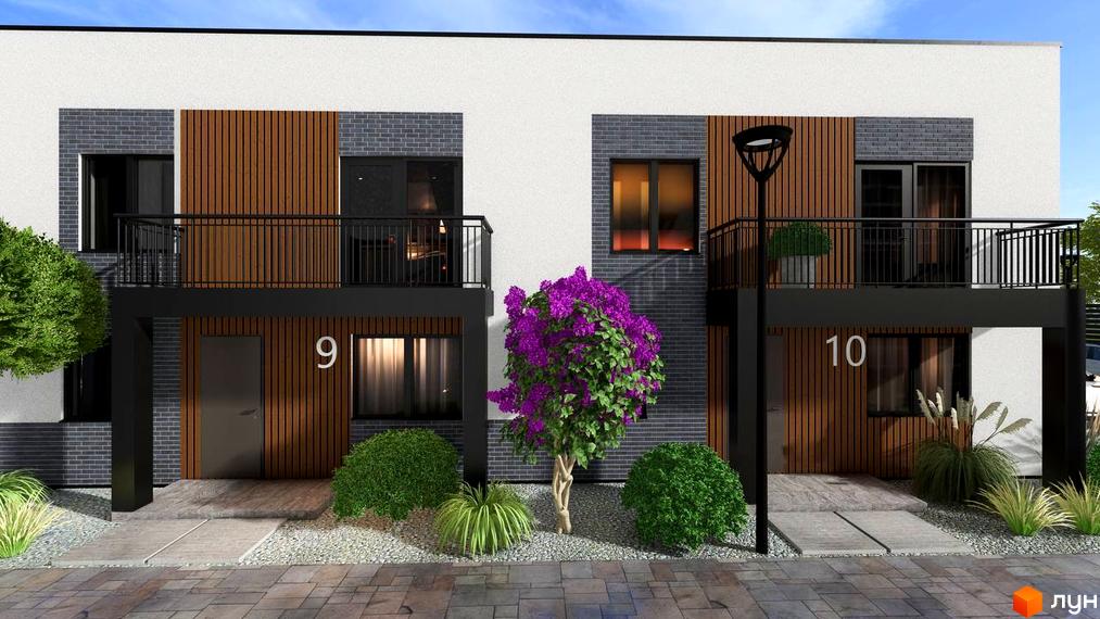 Фасад будинку №9 та №10 житлового комплексу на вул. Ворошилова з дерев'яними елементами та балконами. Прибудинкова територія з кущами та деревом.