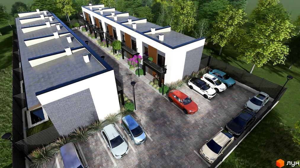 Сучасний житловий комплекс на вулиці Ворошилова з парковкою та зеленими насадженнями. Зовнішній вигляд будинків з білими фасадами та темними елементами.