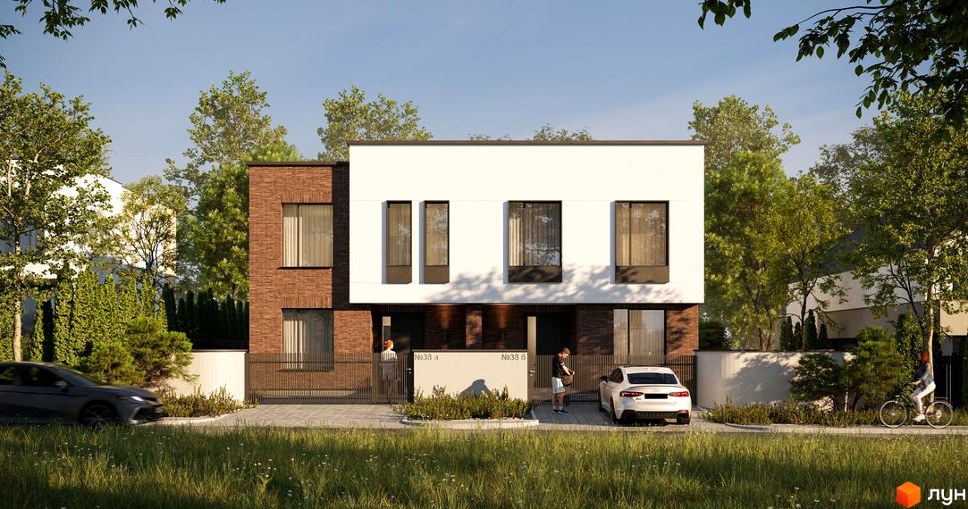 Зображення дуплексу Loft House з червоної цегли та білої штукатурки. Перед будинком зелений газон, припарковані авто.