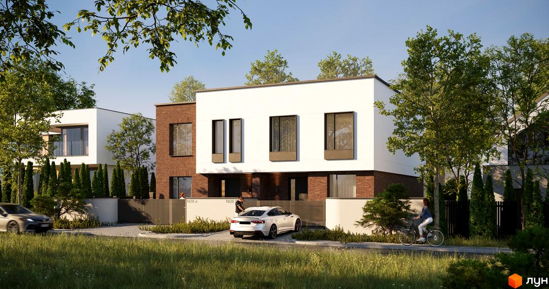 Зображення дуплексу в Котеджному комплексі Loft House з білим автомобілем на подвір'ї та зеленою прибудинковою територією.