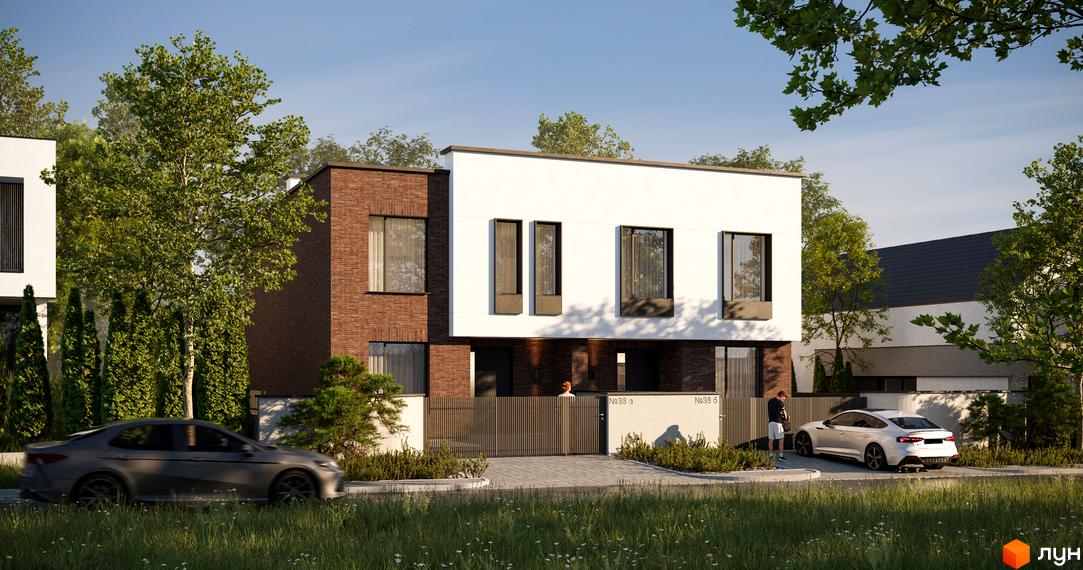 Зображення двоповерхового будинку з цегляним фасадом та білим оздобленням. Перед будинком припарковані автомобілі.