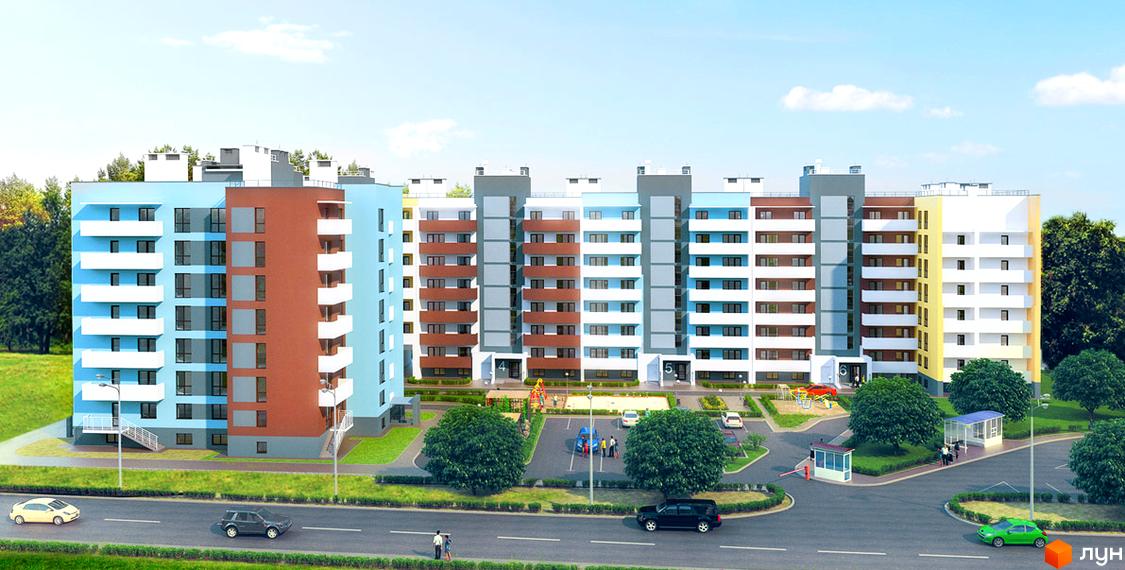 Зовнішній вигляд житлового комплексу Українка з різнокольоровими фасадами та багатьма вікнами. На прибудинковій території розташовані дерева, дитячий майданчик та парковка.