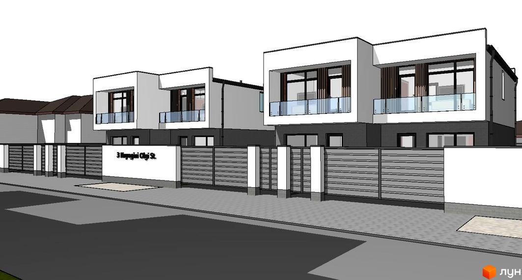 Зображення дуплексів «Княгині Ольги» з двома поверхами та скляними балконами. Перед будинками розташована сіра огорожа.