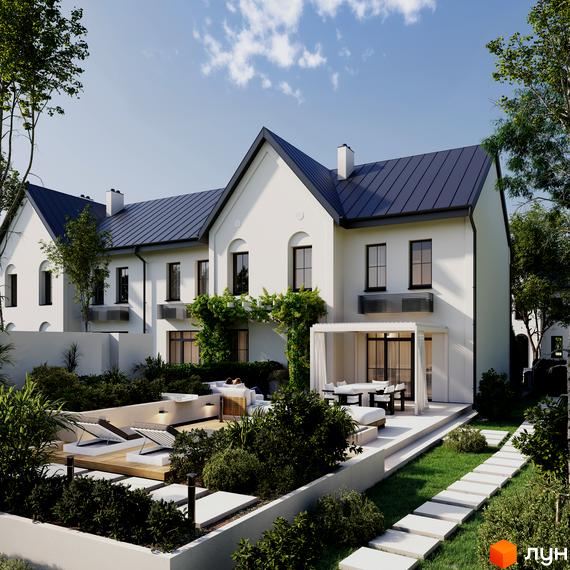 Таунхауси Alta Riverside – двоповерхові будинки з темним дахом та білими стінами, з терасою та зоною відпочинку з шезлонгами.