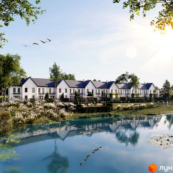 Таунхауси Alta Riverside біля озера з качками та зеленою зоною. Комплекс має білі фасади та сірі дахи, розташований на схилі.