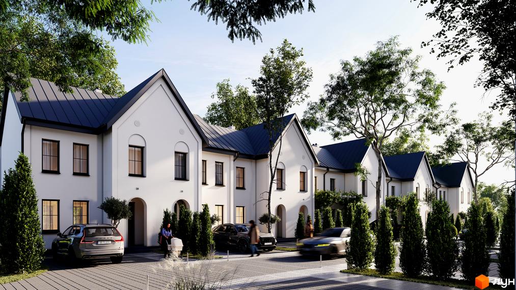 Таунхауси Alta Riverside - білі двоповерхові будинки з темними дахами, впорядкована прибудинкова територія з деревами та автомобілями.