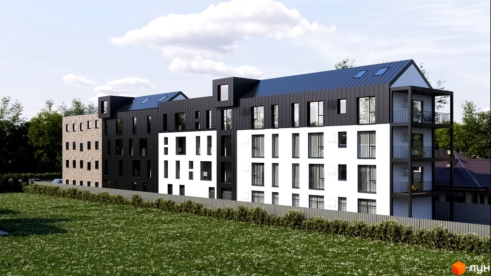 B44: триповерховий житловий комплекс з білими та чорними фасадами, великими вікнами та балконами. Навколо будинку зелена галявина з квітами та кущами.