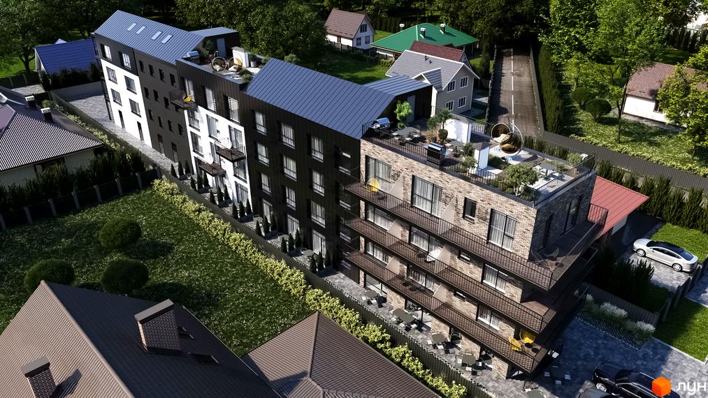 B44 - це житловий комплекс з багатоповерховими будинками та терасами на дахах. Навколо будівель зелена зона з деревами та доглянутим газоном.