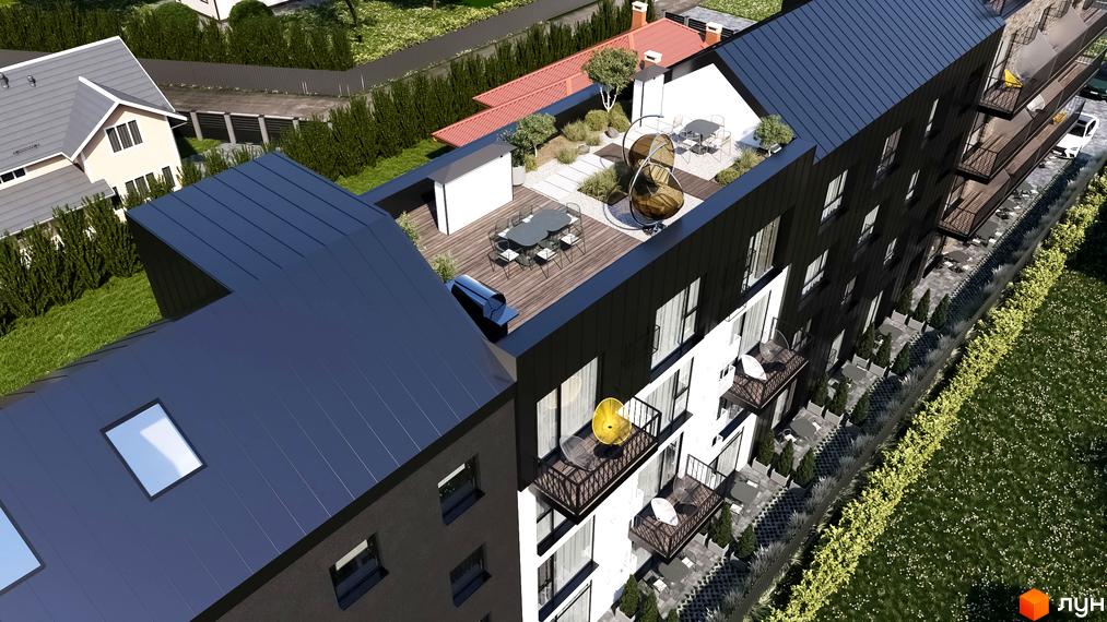 B44 - це житловий комплекс з сучасною архітектурою та просторими терасами. Навколо будинку зелена зона та доглянута прибудинкова територія.