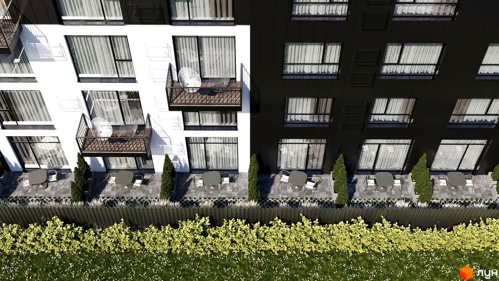 B44 – це житловий комплекс з білими та чорними фасадами, балконами та терасами з меблями, що виходять на зелену зону.