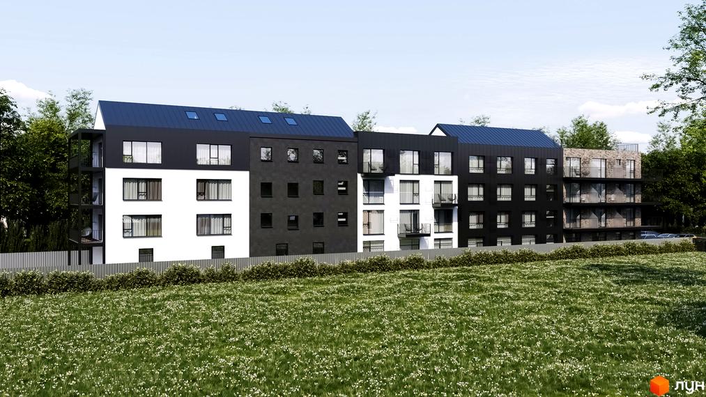 B44 - сучасний житловий комплекс з біло-чорними фасадами та зеленим газоном перед будинком. Будівля має багато вікон та балконів.