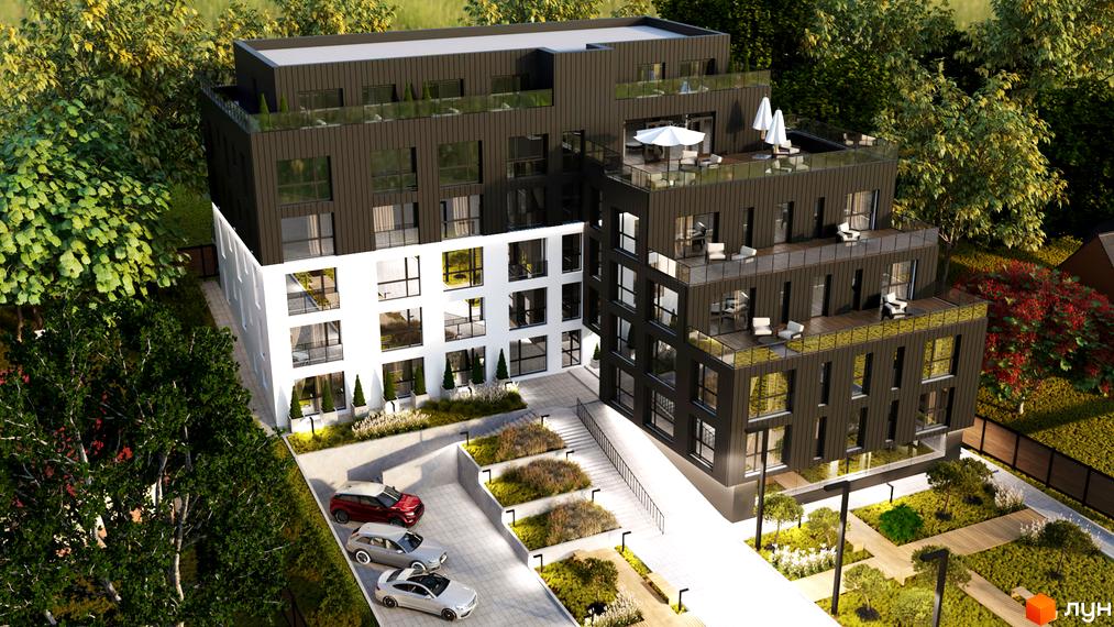 Зображення фасаду та прибудинкової території Новобудови O47. На фото видно парковку з автомобілями та зелені насадження.