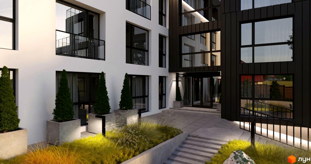 Зображення фасаду будинку O47. На передньому плані видно зелені насадження та доріжки, що ведуть до входу в Житловий комплекс.