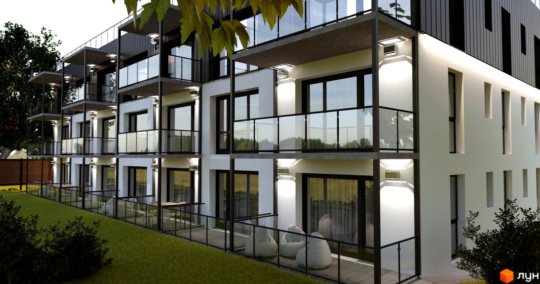 Зображення фасаду житлового комплексу O47 з великими вікнами та балконами. На території є газон з кущами.