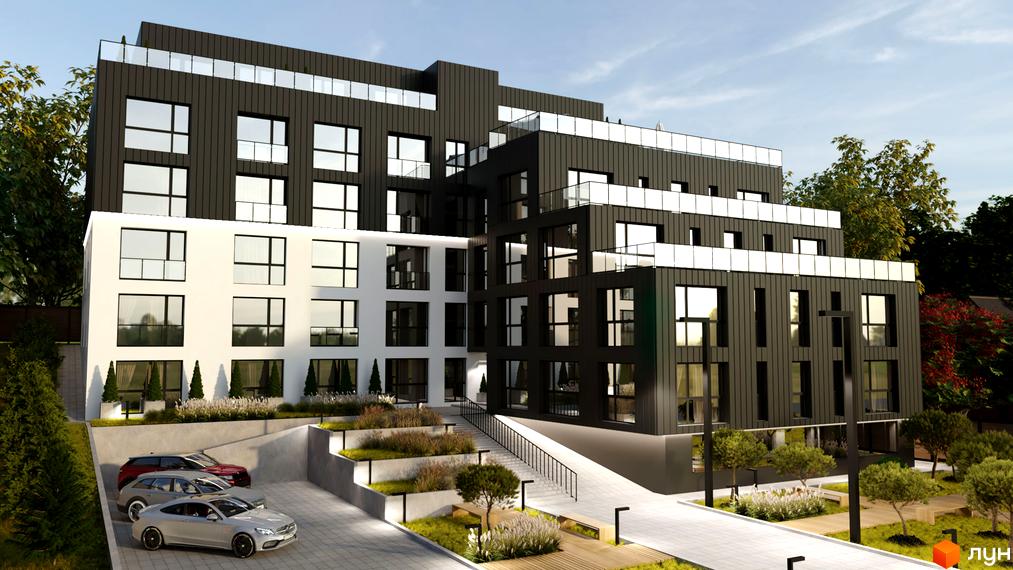 Зовнішній вигляд новобудови O47 з білими та чорними фасадами, скляними балконами та прибудинковою територією з парковкою та зеленими зонами.