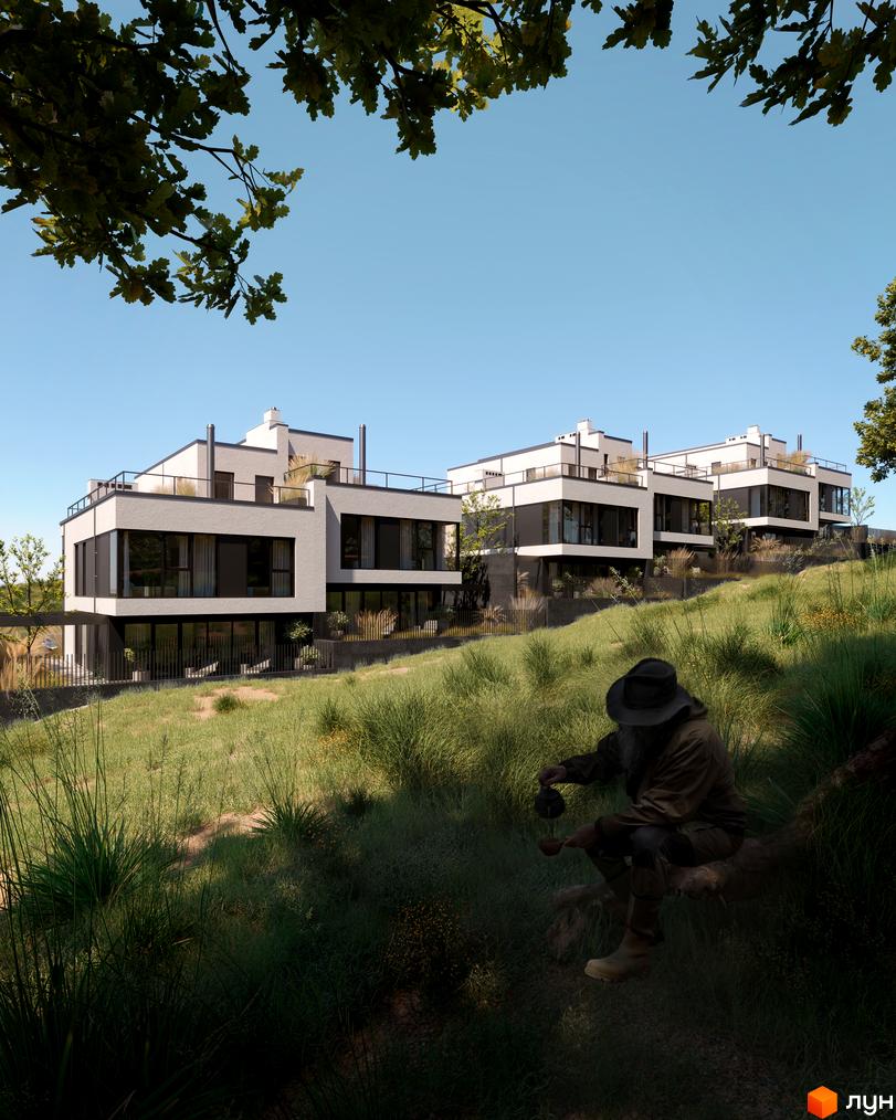 Зображення Котеджного містечка Oakwood з будинками з плоским дахом та великими вікнами на зеленій території.