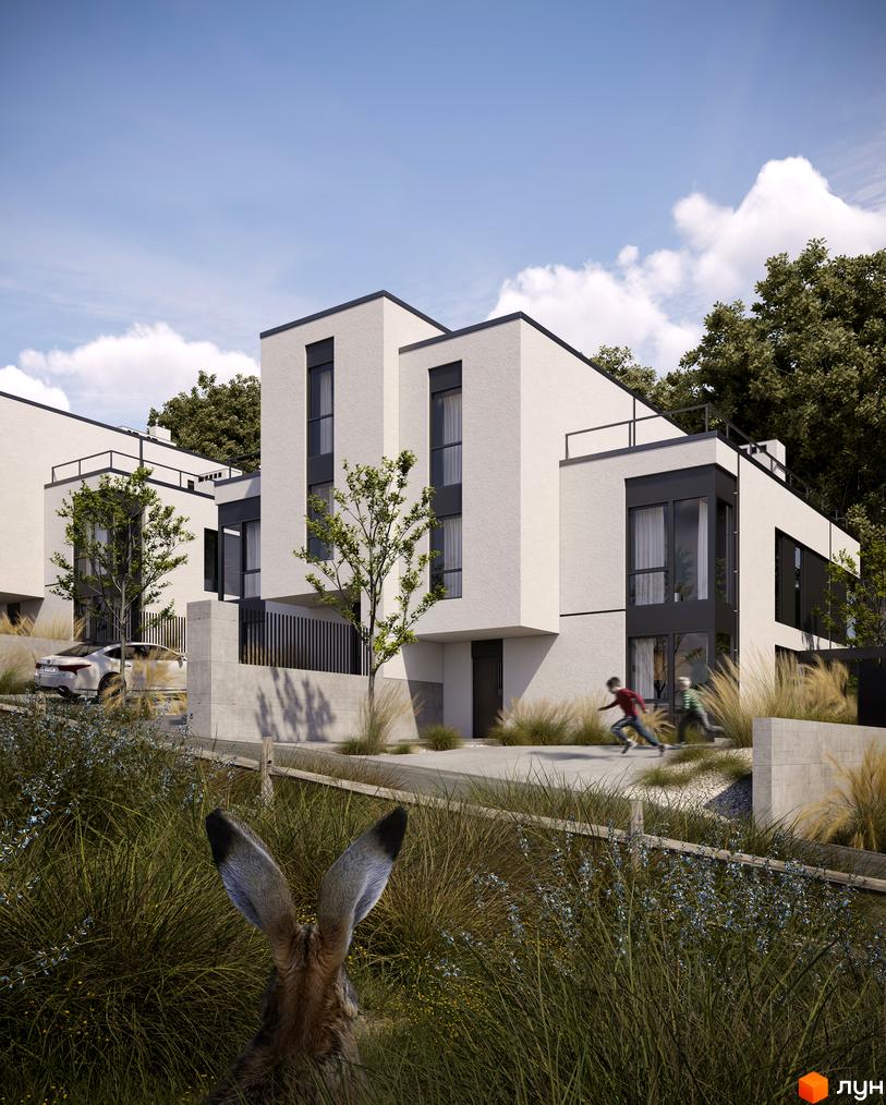 Котеджне містечко КМ Oakwood: триповерхові будинки з великими вікнами та терасами, оточені зеленню та дикою природою.