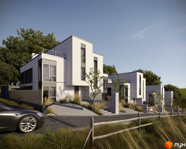 Котеджне містечко Oakwood: сучасні білі будинки з великими вікнами та доглянутою прибудинковою територією з деревами та травою.