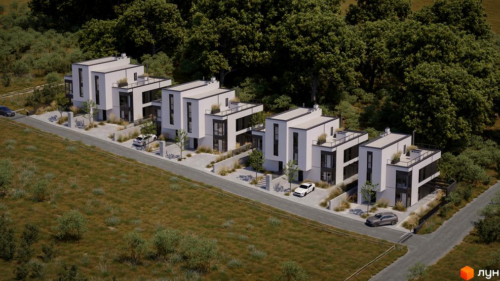 Зображення Котеджного містечка Oakwood: двоповерхові будинки з великими вікнами та терасами, розташовані серед зелених насаджень.