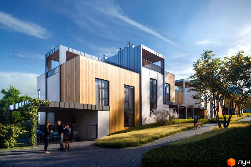 Зображення Котеджного містечка VILLA VISTA: триповерхові будинки з дерев'яним оздобленням та великими вікнами, зелена територія навколо.