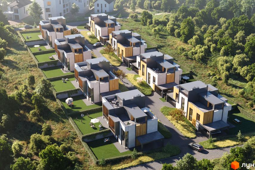 Котеджне містечко VILLA VISTA: сучасні будинки з дерев'яними елементами та доглянуті зелені ділянки з місцями для відпочинку.