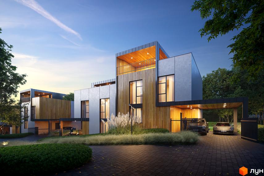 Зображення Котеджного містечка VILLA VISTA. Двоповерхові будинки з дерев'яним оздобленням та великими вікнами, зелена територія.