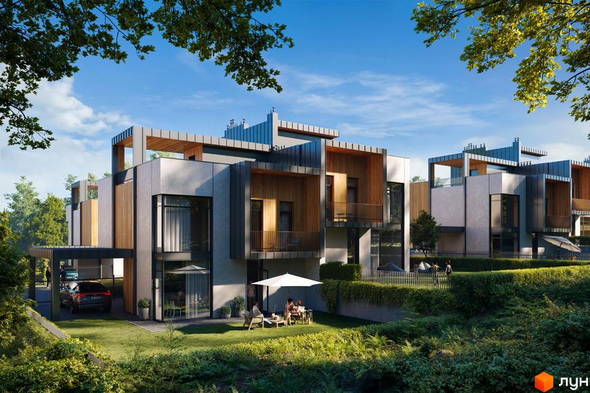 Зображення Котеджного містечка VILLA VISTA. Двоповерхові будинки з дерев'яним оздобленням та великими вікнами, зелена прибудинкова територія.