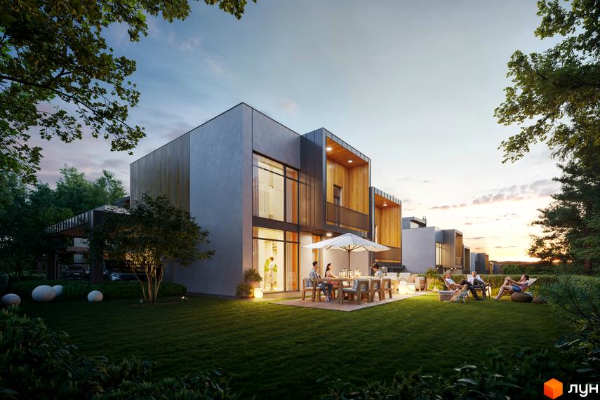 Зображення Котеджного містечка VILLA VISTA з двоповерховими будинками та великою зеленою територією для відпочинку мешканців.