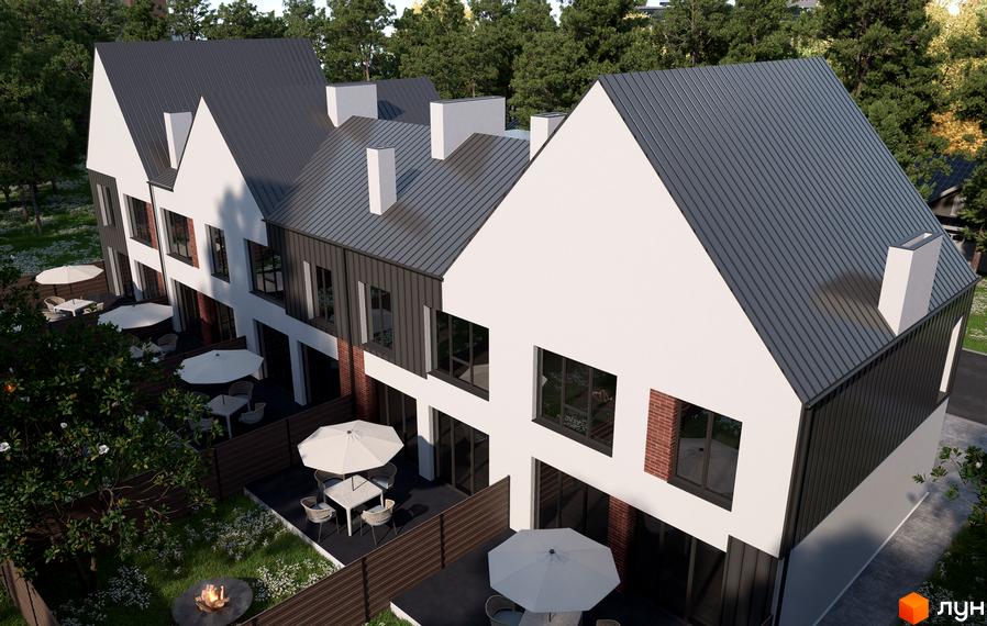 Таунхауси DREAM TOWN з білою та темно-сірою обшивкою, цегляними вставками та великими вікнами. На прибудинковій території розташовані тераси з парасольками та місцями для відпочинку.