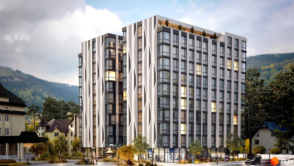 Апарт-комплекс Smart Hill з унікальним фасадом з вигнутих білих смуг та панорамними вікнами. Навколо комплексу зелені насадження та гірський пейзаж.