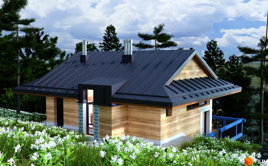 Котеджне містечко КМ GORA: дерев'яний будинок з темним дахом та блакитними елементами оточений зеленню та квітами.