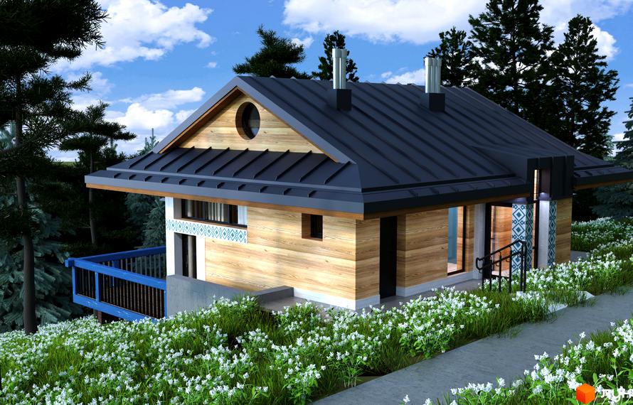Котеджне містечко КМ GORA: дерев'яний будинок з металевим дахом та синім балконом оточений зеленню та квітами.
