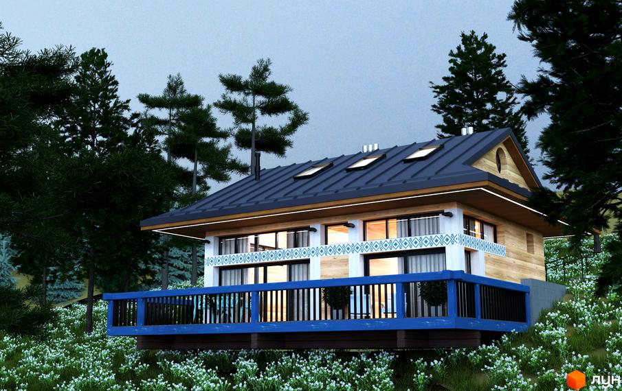Котеджне містечко КМ GORA: двоповерховий будинок з дерев'яним фасадом, великими вікнами та синім балконом, оточений зеленню та квітами.