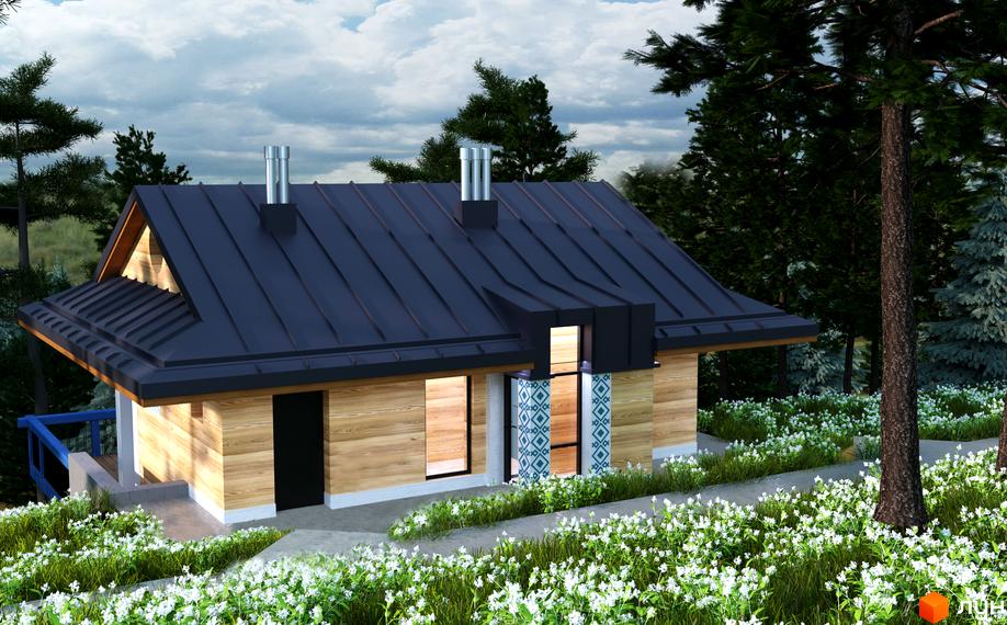 Котеджне містечко КМ GORA: дерев'яний будинок з темним металевим дахом та вікнами, оточений зеленню та білими квітами.