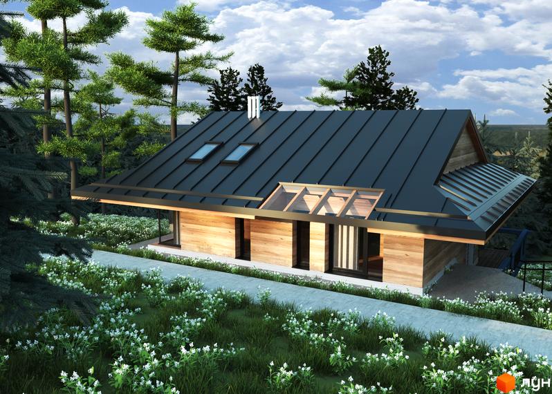 Котеджне містечко КМ GORA: дерев'яний будинок з темним дахом та вікнами у лісі, оточений зеленню та квітами.