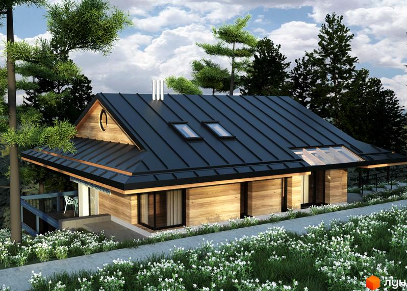 Котеджне містечко КМ GORA: дерев'яний будинок з чорним дахом, вікнами та квітучою територією. Зовнішній вигляд новобудови в оточенні дерев.